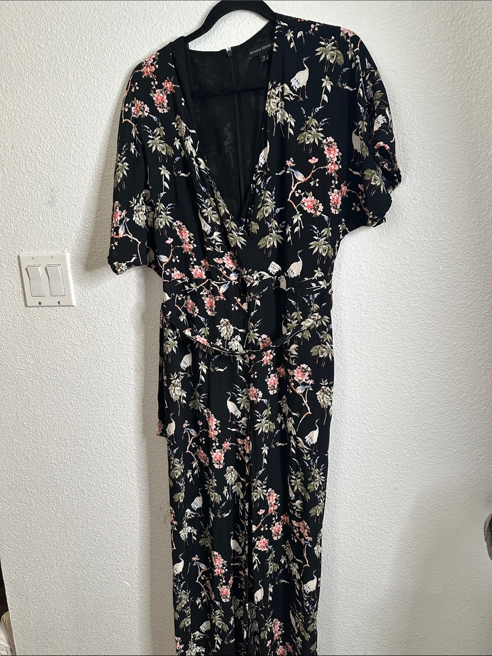Banana Republic Black Floral Jumpsuit with Pink Blossoms flamingo print